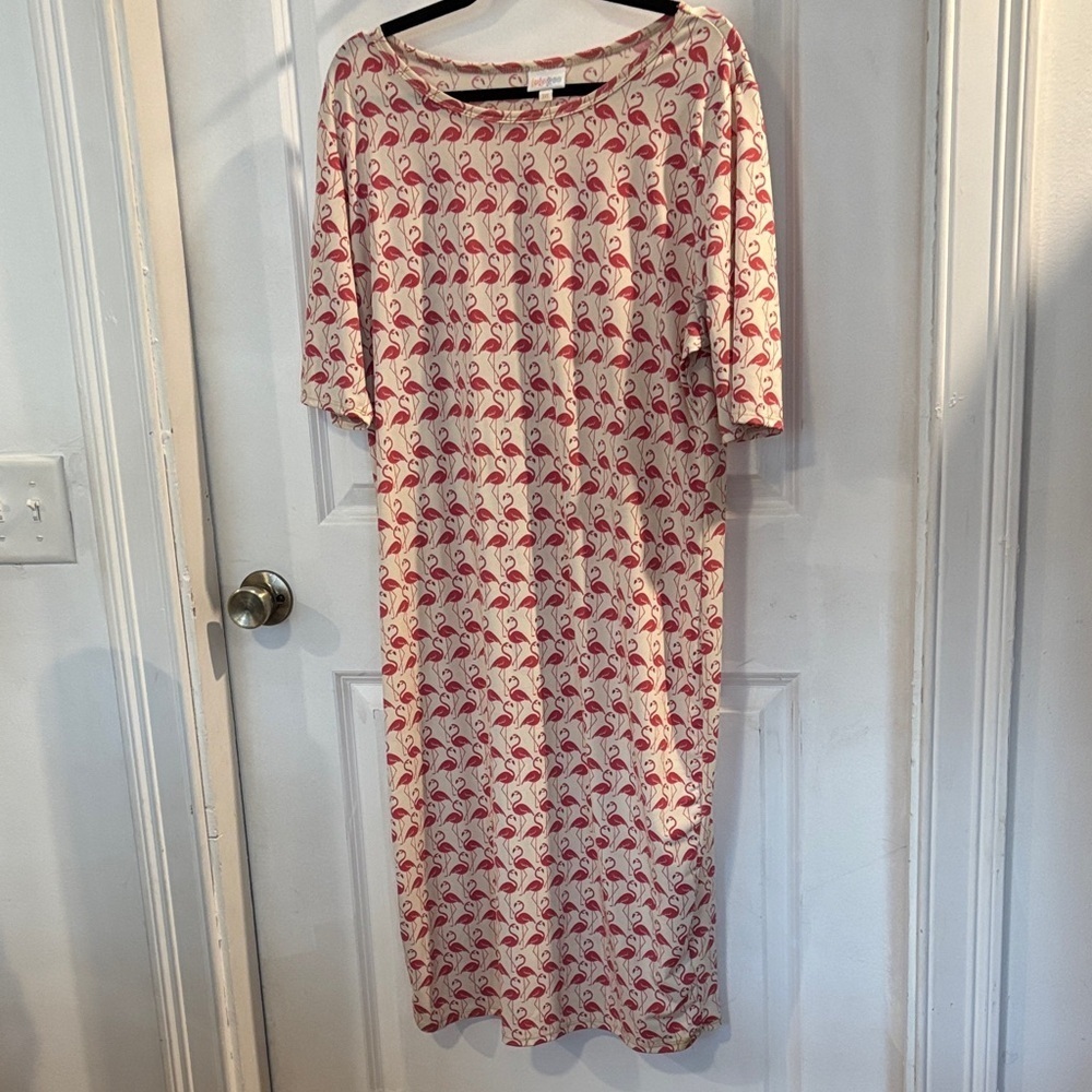 LuLaRoe pink and Cream flamingo Julia style slim fit Midi Dress